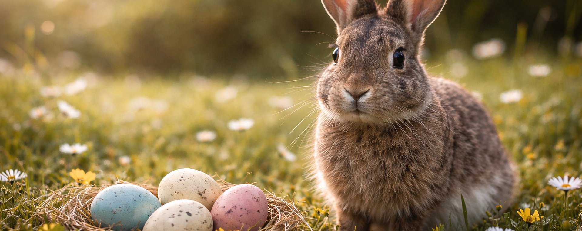Kaninchen im Sonnenuntergang mit Eiern