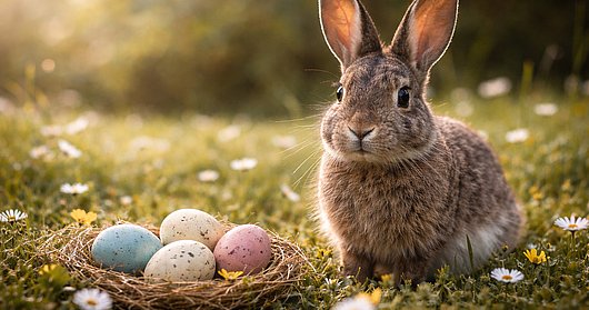 Kaninchen im Sonnenuntergang mit Eiern