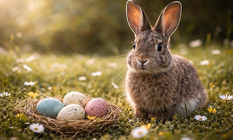 Kaninchen im Sonnenuntergang mit Eiern
